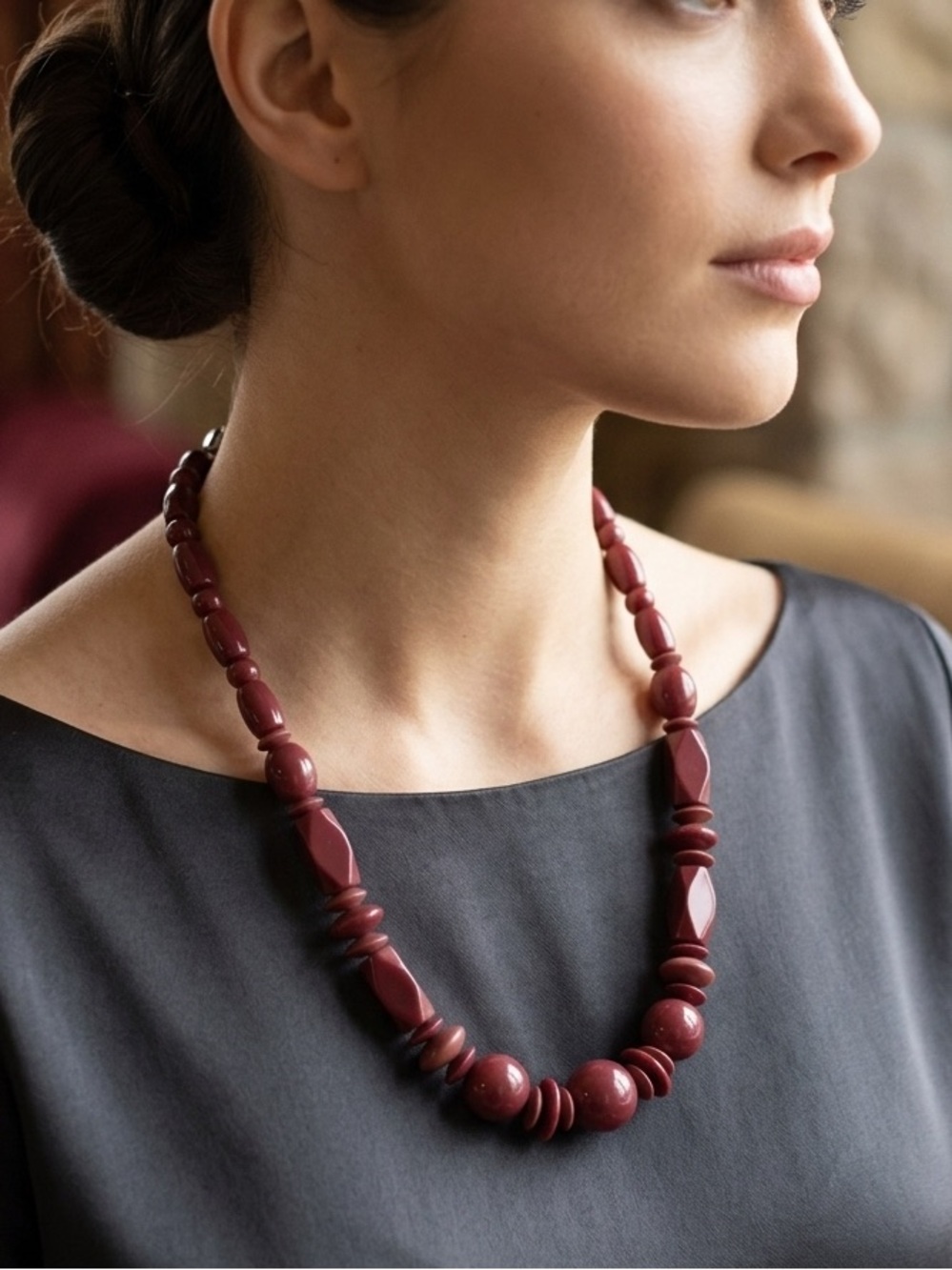 Vintage Chunky Burgundy Bead Statement Necklace | Maroon Geometric Boho